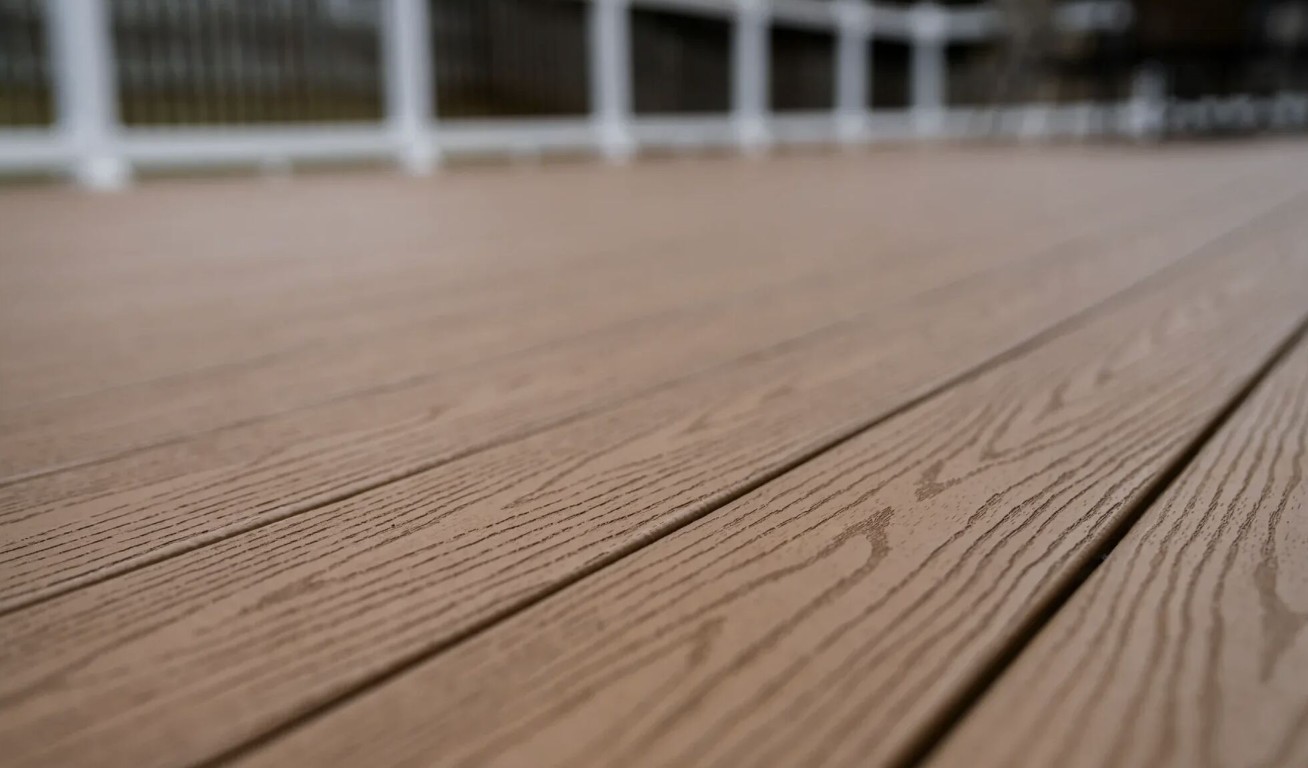 Close-up of composite deck material showing quality construction